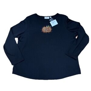 Quacker Factory Waffle Black Sequin Pumpkin Fall Long Sleeve Top Womens XL  NWT